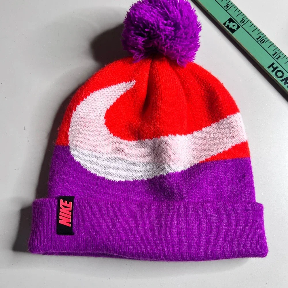 Nike Youth Beanie‎ Hat Purple Red White Swoosh Pom Pom Knit Cap 2547-457